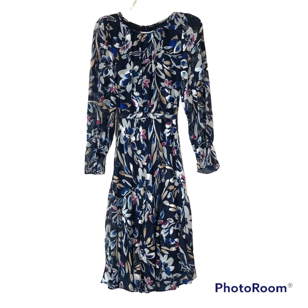 DKNY Floral Long Sheer Sleeve A Line Midi Modest Belted Dress 2 Navy - Picture 6 of 13